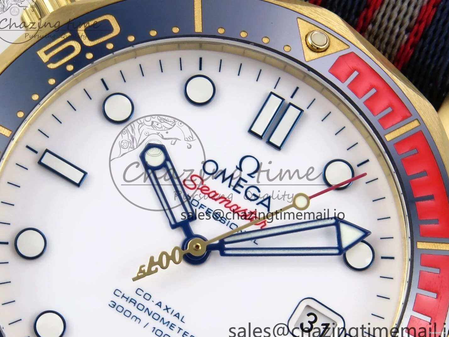 0408 Seamaster 300m Diver YG OMF 1:1 Best Edition Blue Orange Ceramic White Dial on Blue Nato Strap A Colorful 7704